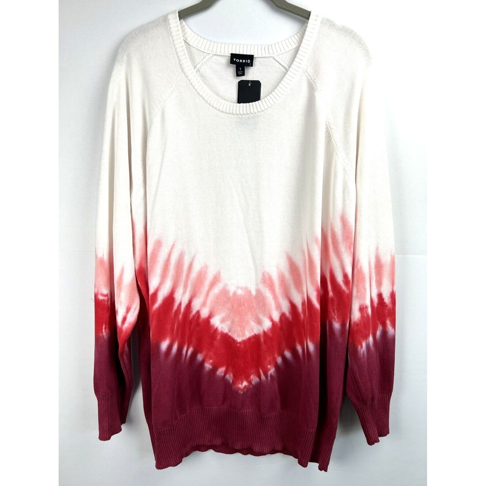 Torrid Women's Sweater 14-16 Pink Red White Tie Dye Round Neck Knit Pullover NWT